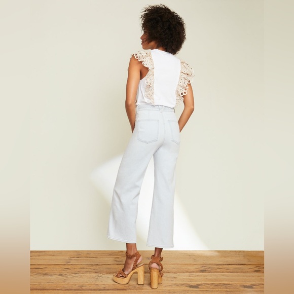 Veronica Beard Jadi Eyelet Ruffle Tee White & Light Khaki, Size S - Picture 4 of 11